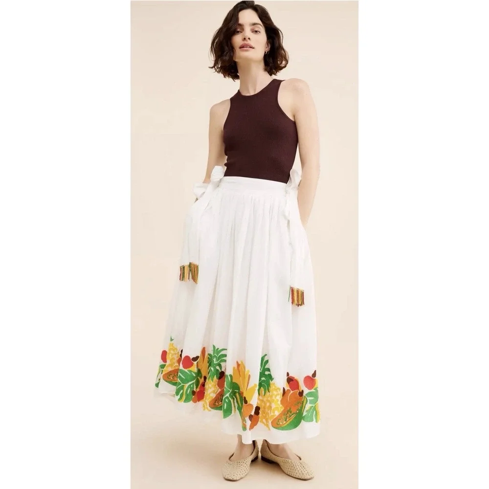 Farm Rio Embroidered Fruits Side Bow Midi Skirt Size XS RV $275 Lined
